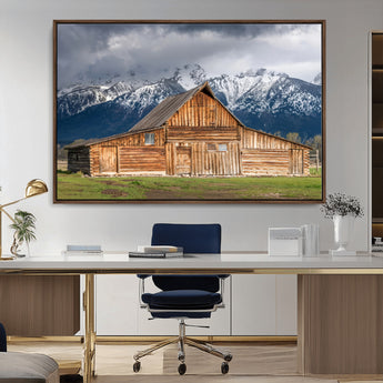 15173627-MGV-CV-36X24-Barn Wall Art – Rustic Wooden Cabin Canvas Print with Snowy Mountain Landscape, Western Farmhouse Country Decor for Living Room,