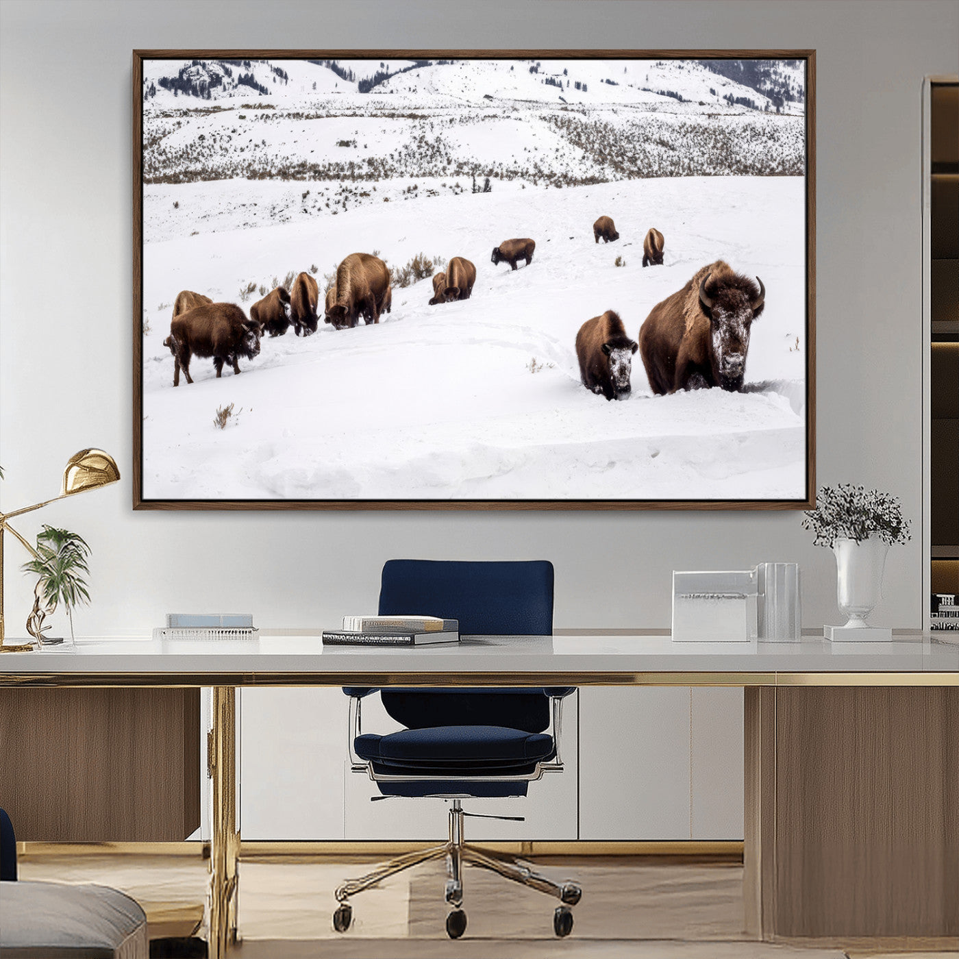 38217250-MGV-CV-36X24-Bison Herd Wall Art – Wildlife Canvas Print of Buffalo Winter Snow Scene, Rustic Western Lodge Décor, Farmhouse & Cabin Nature