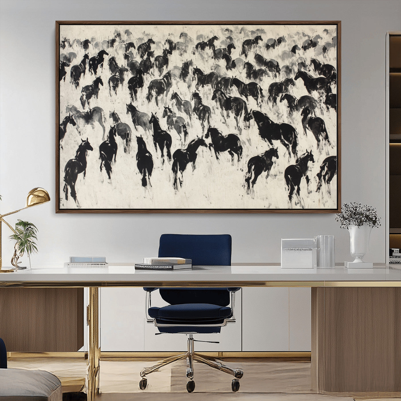 29265745-MGV-FC-36X24_Walnut-Wild Horse Herd Wall Art – Black and White Galloping Horses Canvas Print, Rustic Western Farmhouse Décor for Living Room, Bedroom,