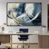 97295757-MGV-CV-36X24-Abstract Blue and Gold Wall Art – Modern Luxury Canvas Print, Navy White Brushstroke Painting, Contemporary Living Room Office