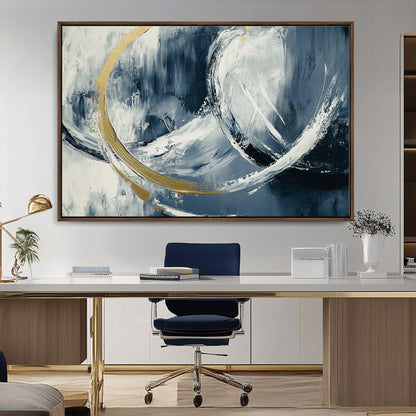 97295757-MGV-CV-36X24-Abstract Blue and Gold Wall Art – Modern Luxury Canvas Print, Navy White Brushstroke Painting, Contemporary Living Room Office