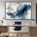 49589477-MGV-CV-36X24-Blue Abstract Wall Art – Modern Circle Canvas Print with Gold and Black Accents, Contemporary Fluid Brushstroke Painting for