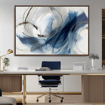 49589477-MGV-CV-36X24-Blue Abstract Wall Art – Modern Circle Canvas Print with Gold and Black Accents, Contemporary Fluid Brushstroke Painting for