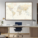 40660043-MGV-CV-36X24-World Map Wall Art – Large Detailed Atlas Style Map Print with Countries, Cities, and Oceans, Neutral Beige and Tan Educational