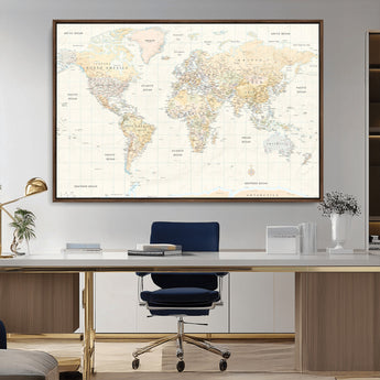 40660043-MGV-CV-36X24-World Map Wall Art – Large Detailed Atlas Style Map Print with Countries, Cities, and Oceans, Neutral Beige and Tan Educational