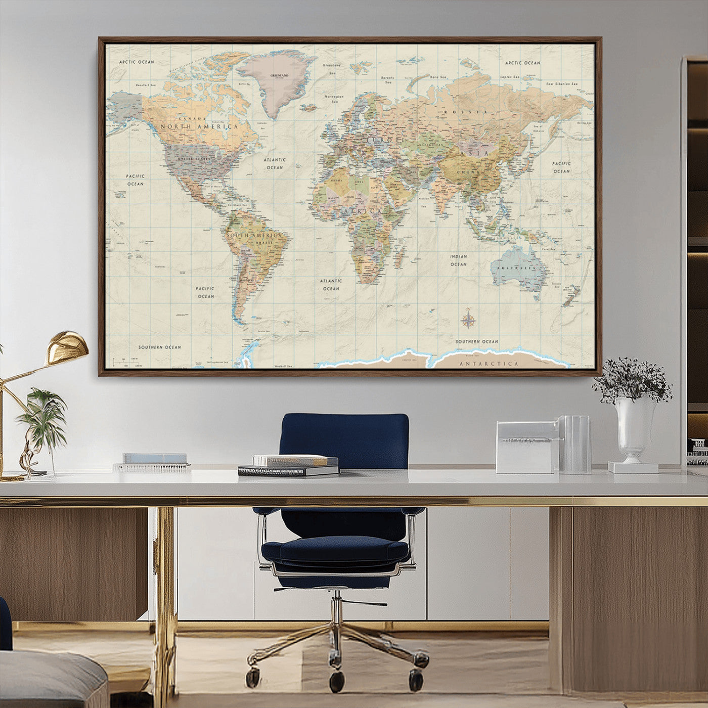 41929777-MGV-CV-36X24-World Map Wall Art – Large Detailed Political Atlas Style Map Print with Countries, Cities, and Oceans, Warm Earth Tone