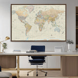 41929777-MGV-CV-36X24-World Map Wall Art – Large Detailed Political Atlas Style Map Print with Countries, Cities, and Oceans, Warm Earth Tone