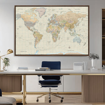 41929777-MGV-CV-36X24-World Map Wall Art – Large Detailed Political Atlas Style Map Print with Countries, Cities, and Oceans, Warm Earth Tone