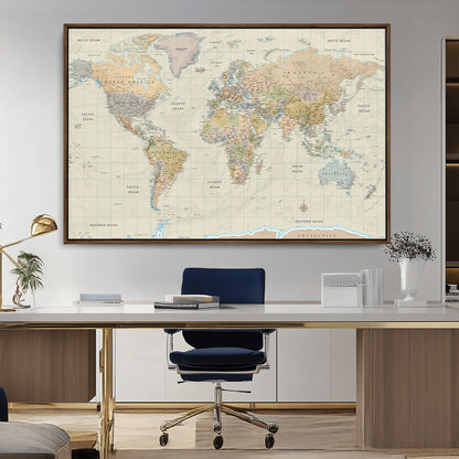 41929777-MGV-CV-36X24-World Map Wall Art – Large Detailed Political Atlas Style Map Print with Countries, Cities, and Oceans, Warm Earth Tone