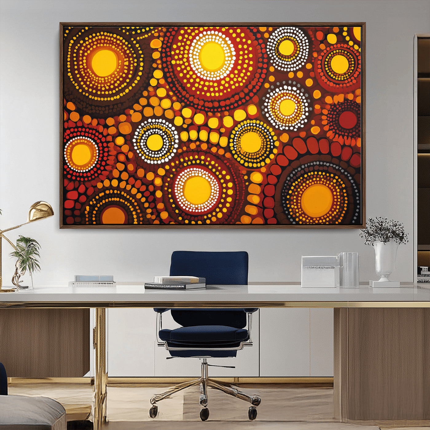 81120549-MGV-CV-36X24-Abstract Dot Painting Wall Art – Vibrant Tribal Boho Style Canvas Print with Sunburst Mandala Circles in Warm Red, Yellow, Orange