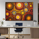 81120549-MGV-CV-36X24-Abstract Dot Painting Wall Art – Vibrant Tribal Boho Style Canvas Print with Sunburst Mandala Circles in Warm Red, Yellow, Orange