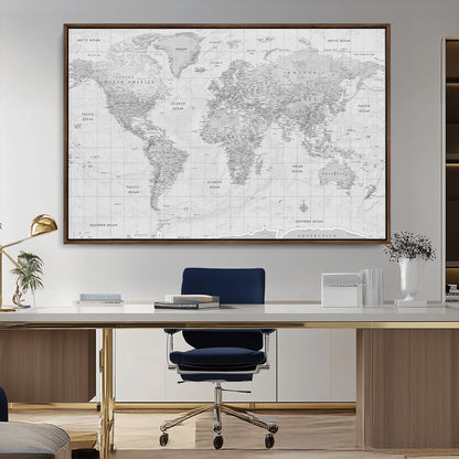10516725-MGV-FC-36X24_Walnut-Black and White World Map Wall Art – Minimalist Grayscale Canvas Print – Modern Detailed Travel Map Poster for Home, Office, or