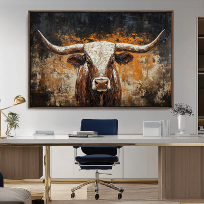 25265572-MGV-CV-36X24-Longhorn Bull Wall Art – Rustic Western Texas Steer Canvas Print, Textured Animal Painting for Home, Office, Man Cave or Farmhouse