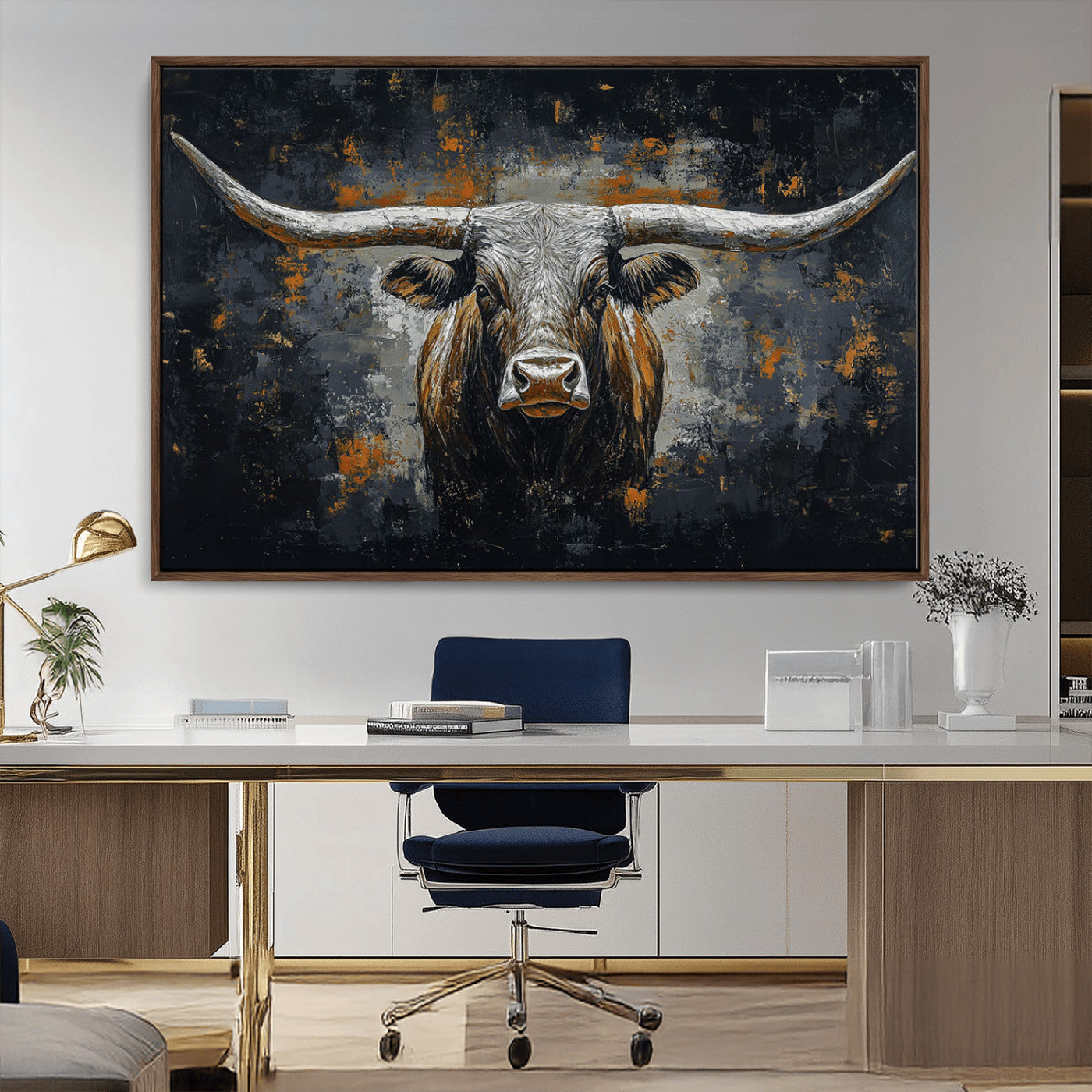 93195031-MGV-CV-36X24-Dark Longhorn Bull Wall Art – Western Steer Canvas Print, Moody Rustic Animal Painting for Man Cave, Ranch House, Office or Modern