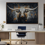 93195031-MGV-CV-36X24-Dark Longhorn Bull Wall Art – Western Steer Canvas Print, Moody Rustic Animal Painting for Man Cave, Ranch House, Office or Modern