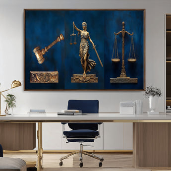 91629053-MGV-CV-36X24-Lady Justice Wall Art – Golden Gavel and Scales Canvas Print, Elegant Legal Office Decor for Lawyers, Judges, Courtroom or Study