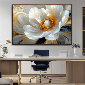 39604126-MGV-CV-36X24-Abstract Flower Wall Art – Elegant White and Gold Bloom Canvas Print, Modern Floral Artwork for Bedroom, Living Room, or Office