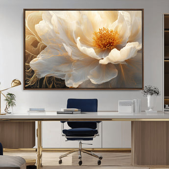 29539087-MGV-CV-36X24-Floral Wall Art – Elegant White and Gold Bloom Canvas Print, Romantic Modern Flower Artwork for Bedroom, Living Room, or Office