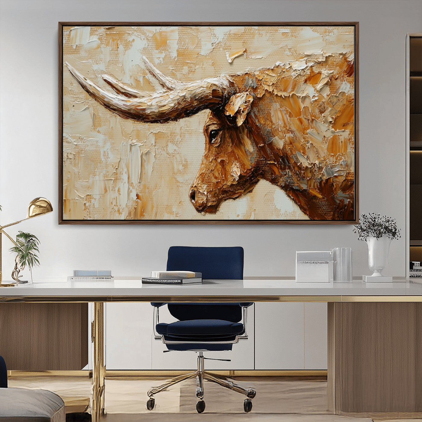 69611428-MGV-CV-36X24-Longhorn Bull Wall Art – Rustic Western Canvas Print, Textured Farmhouse Cattle Painting for Living Room, Office, or Ranch House