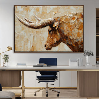 69611428-MGV-CV-36X24-Longhorn Bull Wall Art – Rustic Western Canvas Print, Textured Farmhouse Cattle Painting for Living Room, Office, or Ranch House