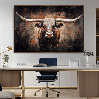 24779067-MGV-CV-36X24-Longhorn Bull Wall Art – Western Rustic Canvas Print, Bold Cowboy Cattle Painting for Ranch House, Farmhouse, Office, or Living