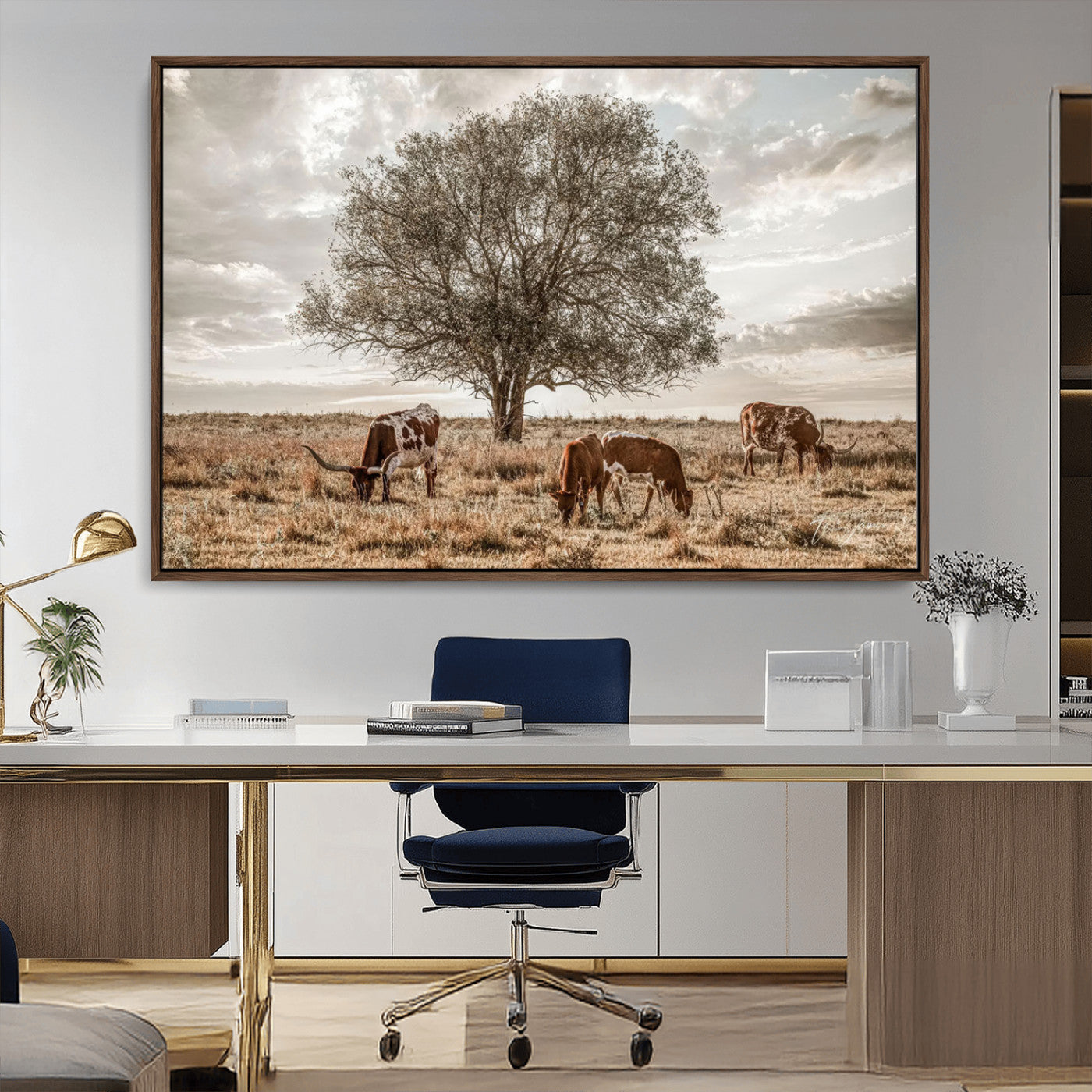 87590224-MGV-CV-36X24-Longhorn Cattle Wall Art – Rustic Western Landscape Canvas Print, Texas Farmhouse Prairie Scene for Living Room, Office, or Ranch
