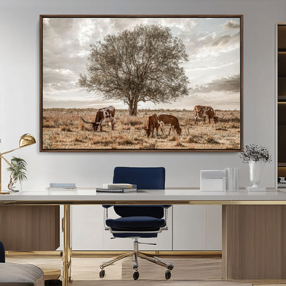 87590224-MGV-CV-36X24-Longhorn Cattle Wall Art – Rustic Western Landscape Canvas Print, Texas Farmhouse Prairie Scene for Living Room, Office, or Ranch
