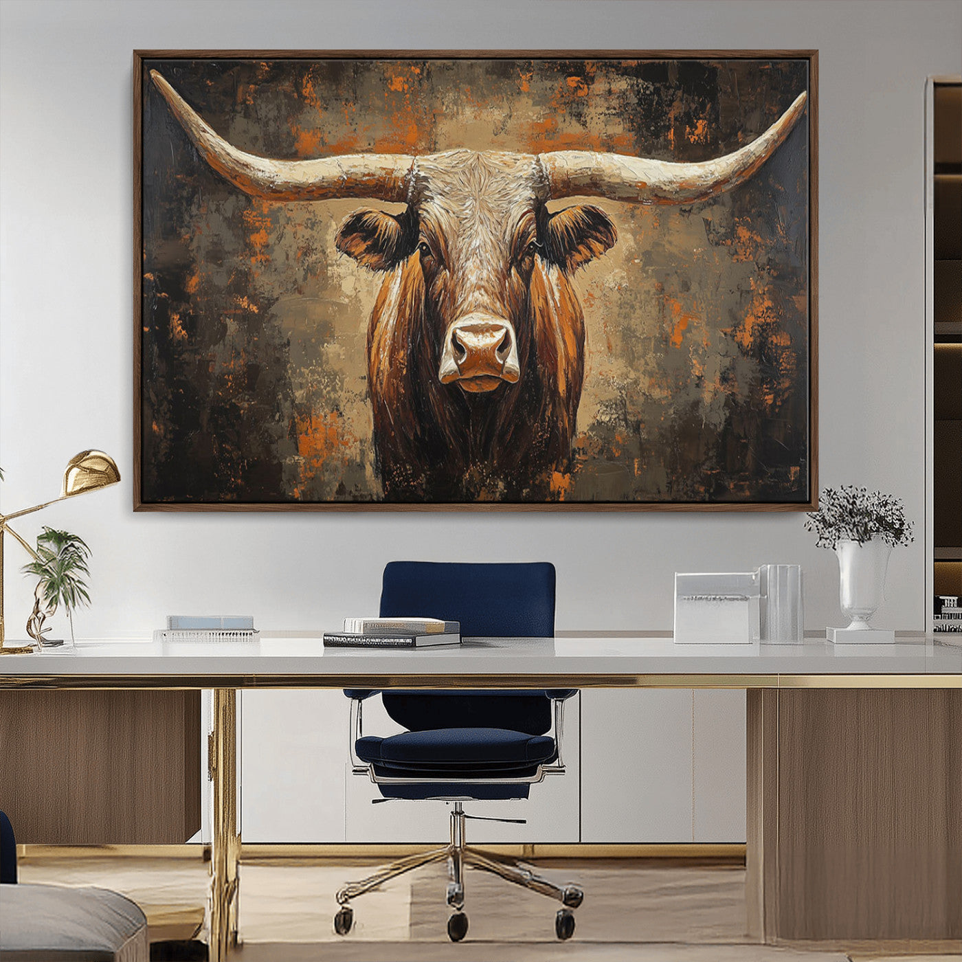 19204445-MGV-CV-36X24-Texas Longhorn Bull Wall Art – Rustic Western Canvas Print, Bold Cowboy Cattle Painting for Ranch House, Farmhouse, Office, or