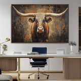 19204445-MGV-CV-36X24-Texas Longhorn Bull Wall Art – Rustic Western Canvas Print, Bold Cowboy Cattle Painting for Ranch House, Farmhouse, Office, or