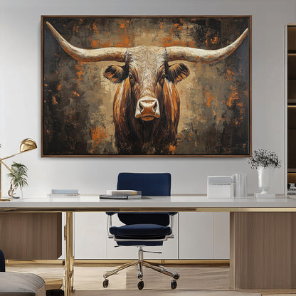19204445-MGV-CV-36X24-Texas Longhorn Bull Wall Art – Rustic Western Canvas Print, Bold Cowboy Cattle Painting for Ranch House, Farmhouse, Office, or