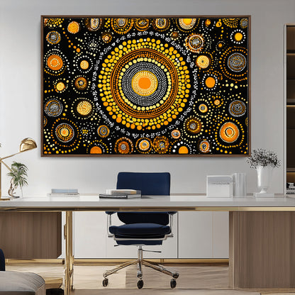 45478523-MGV-CV-36X24-Abstract Circle Wall Art – Bold Black and Gold Dot Painting Canvas Print, Modern Geometric Mandala Style Decor for Living Room or