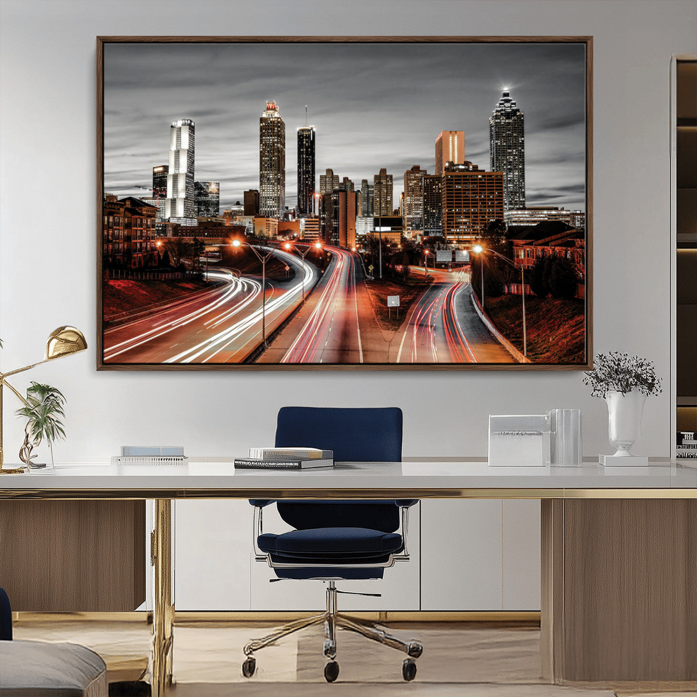 59097239-MGV-CV-36X24-City Skyline Wall Art – Modern Black and White Night Canvas Print with Red Light Trails, Urban Landscape Decor for Living Room or