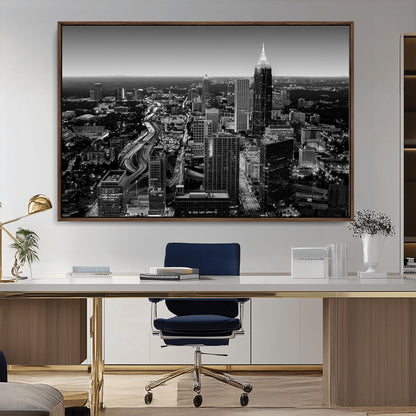 46578567-MGV-CV-36X24-Atlanta Skyline Wall Art – Black and White Cityscape Canvas Print, Modern Urban Night Decor for Office, Living Room, or Apartment