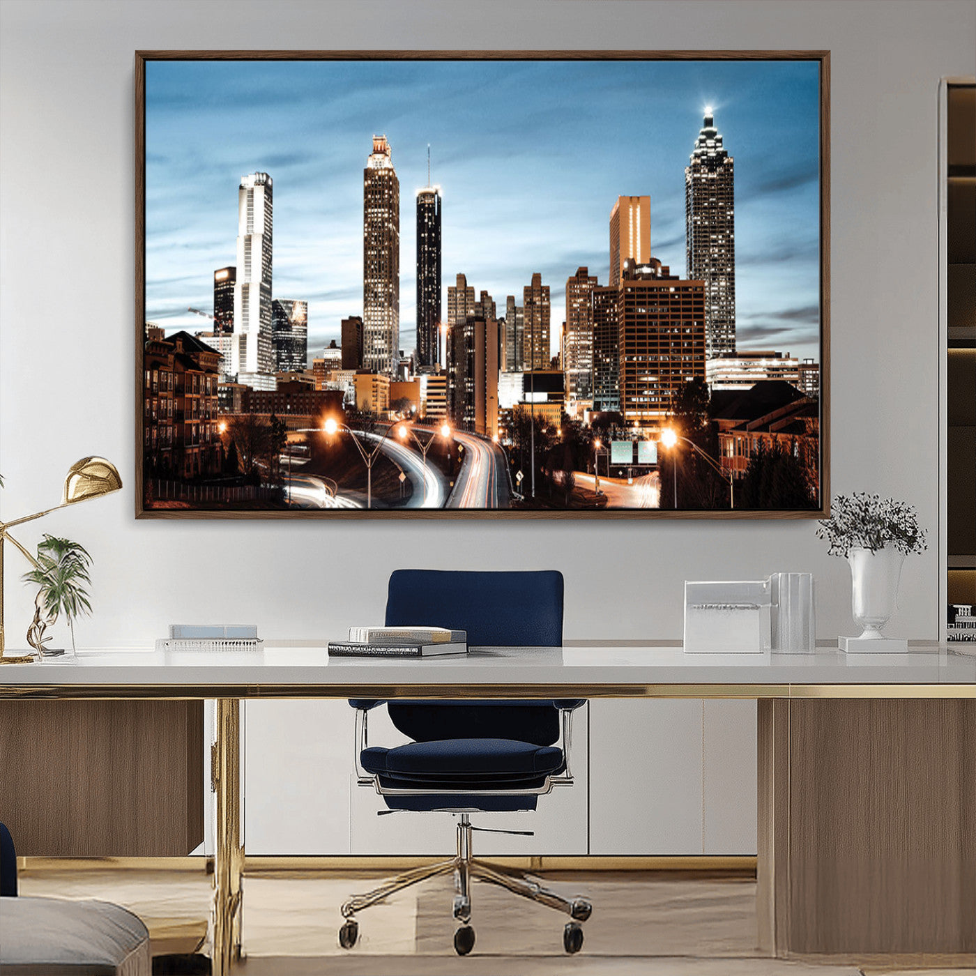 23859158-MGV-CV-36X24-Atlanta Skyline Wall Art – Modern Cityscape Canvas Print with Night Lights and Traffic Trails, Urban Decor for Office, Apartment,