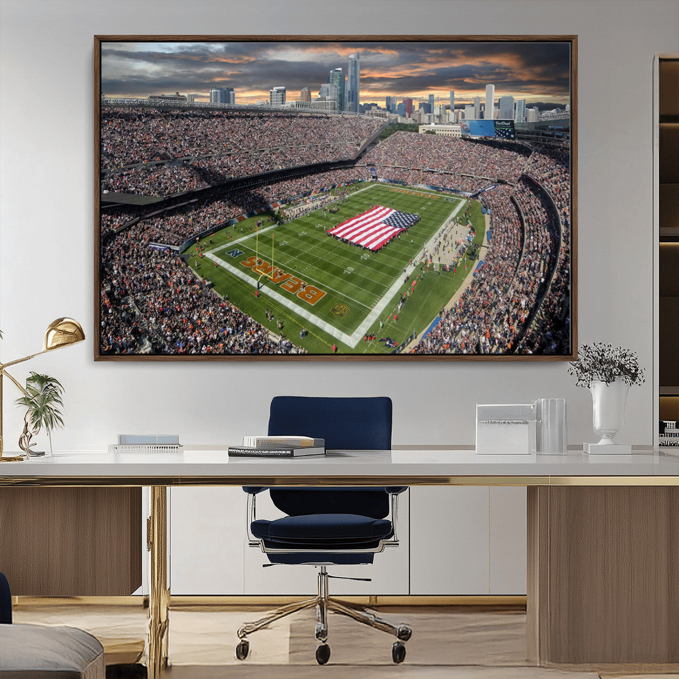 98106777-MGV-FC-36X24_Walnut-Soldier Field Wall Art – Chicago Bears Stadium Canvas Print with American Flag, Game Day Football Decor for Man Cave, Bar, or