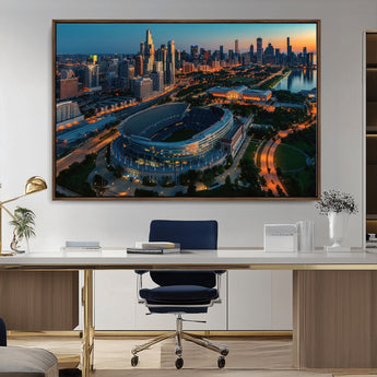 36690345-MGV-FC-36X24_Walnut-Soldier Field Wall Art – Chicago Bears Stadium Aerial Night Canvas Print, City Skyline Football Decor for Living Room, Office, or