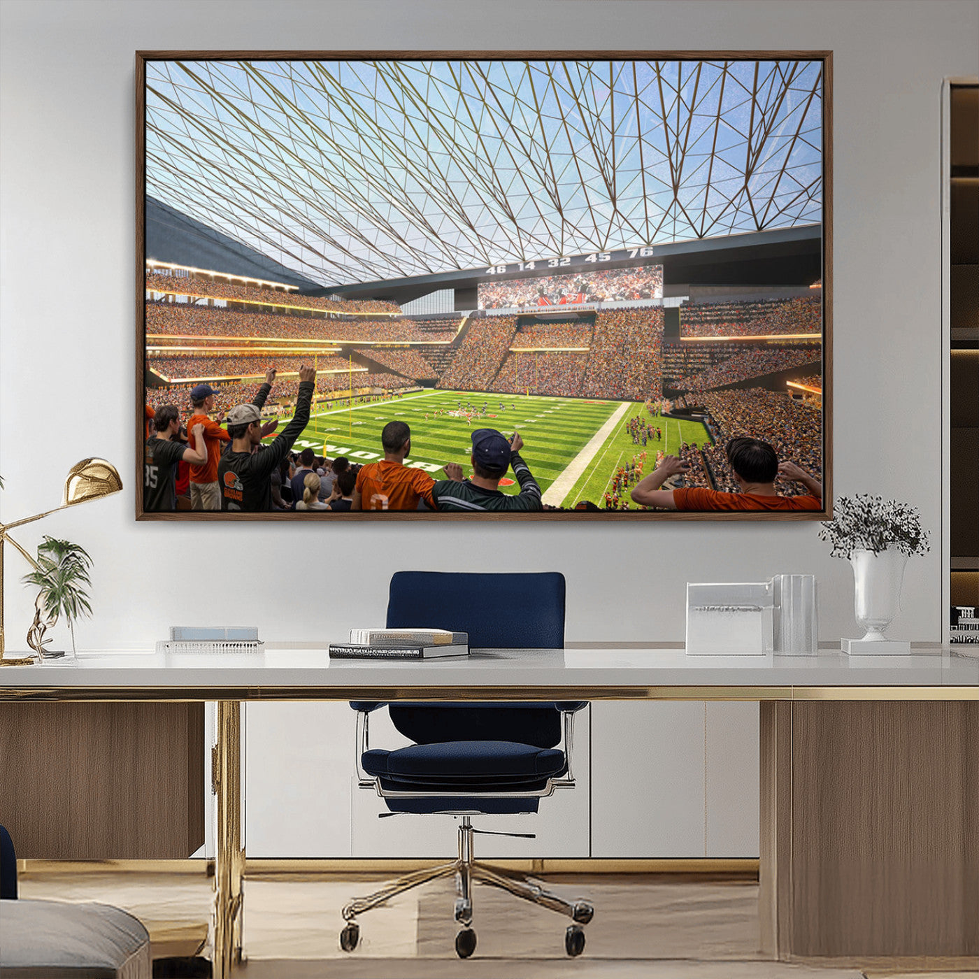81960112-MGV-FC-36X24_Walnut-Futuristic Football Stadium Wall Art – Modern Dome Arena Canvas Print, Chicago Bears Concept Design Sports Decor for Man Cave or