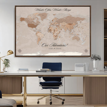 95243244-MGV-CV-36X24-Wander Often Wonder Always World Map Wall Art – Neutral Beige Adventure Canvas Print, Rustic Boho Travel Decor for Bedroom, Living