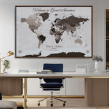 43749658-MGV-CV-36X24-Welcome to Great Adventure World Map Wall Art – Charcoal Gray Canvas Print, Rustic Travel Decor for Living Room, Study, Office or
