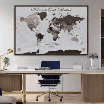 43749658-MGV-CV-36X24-Welcome to Great Adventure World Map Wall Art – Charcoal Gray Canvas Print, Rustic Travel Decor for Living Room, Study, Office or