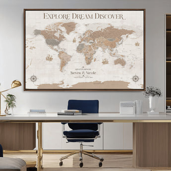 63516865-MGV-CV-36X24-Explore Dream Discover World Map Wall Art – Inspirational Travel Adventure Canvas Print, Neutral Parchment Style Explorer Decor