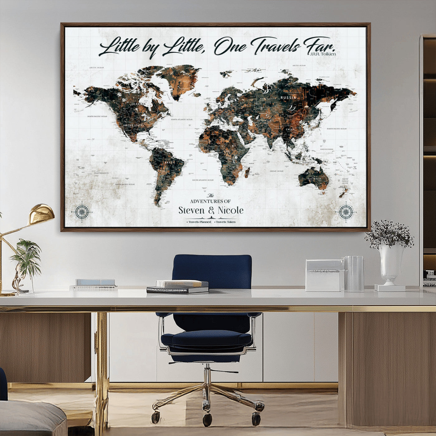 88337180-MGV-CV-36X24-Little by Little One Travels Far Tolkien Quote World Map Rustic Black Brown Adventure Wall Art Canvas Print for Home Office Living