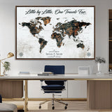 88337180-MGV-CV-36X24-Little by Little One Travels Far Tolkien Quote World Map Rustic Black Brown Adventure Wall Art Canvas Print for Home Office Living