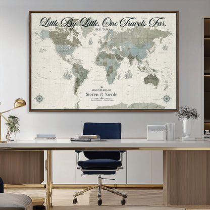 10693204-MGV-FC-36X24_Walnut-Little By Little One Travels Far Tolkien Quote Blue Green World Map Adventure Wall Art Canvas Print Rustic Wanderlust Travel Decor