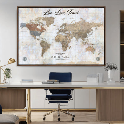 43924907-MGV-CV-36X24-Live Love Travel Wall Art – Neutral World Map Canvas Print, Rustic Adventure Decor for Home, Office or Living Room, Unique Gift