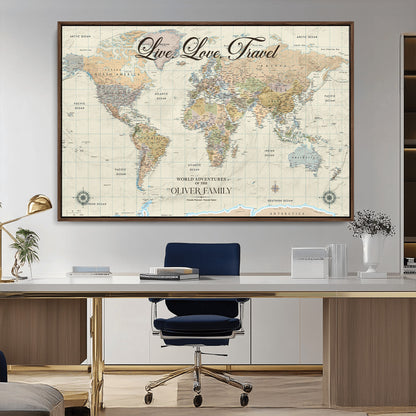 19479008-MGV-CV-36X24-Live Love Travel Wall Art – Detailed World Map Canvas Print, Adventure Decor for Living Room, Office or Bedroom, Travel Gift for