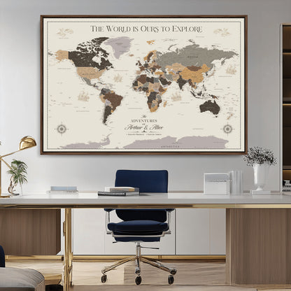 90024882-MGV-CV-36X24-The World is Ours to Explore Wall Art – Earth Tone World Map Canvas Print, Adventure Travel Decor for Living Room, Office or