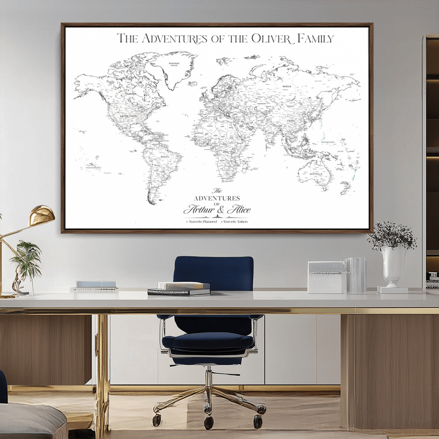 21029247-MGV-FC-36X24_Walnut-Minimalist World Map Wall Art – Black and White Travel Adventure Print, Modern Family Travel Map Decor for Living Room, Bedroom,