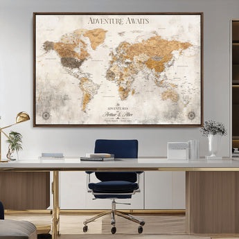 99422096-MGV-CV-36X24-Adventure Awaits World Map Wall Art – Neutral Beige Canvas Print, Modern Travel Inspired Wall Decor for Living Room, Bedroom or