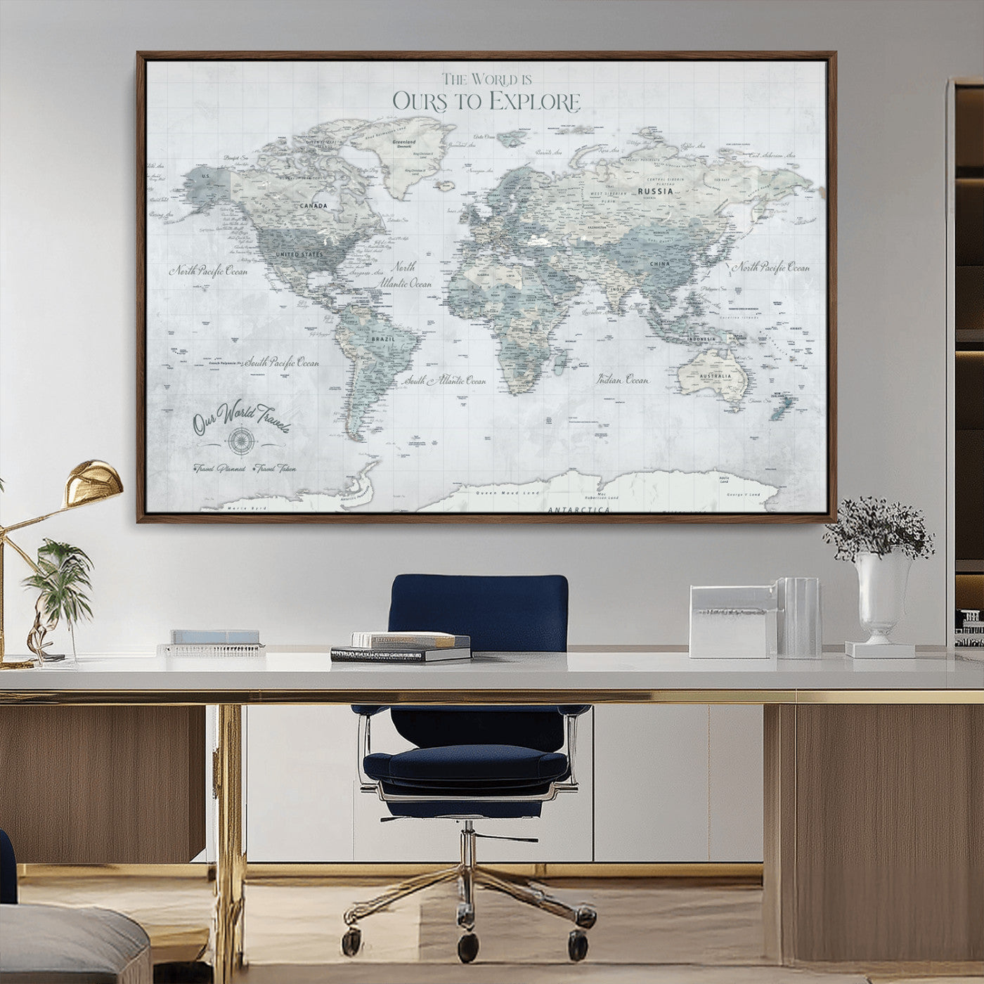 94249974-MGV-CV-36X24-Ours Explore World Map Wall Art – Modern Travel Canvas Print, Neutral Adventure Decor for Living Room, Office, Study, Bedroom,